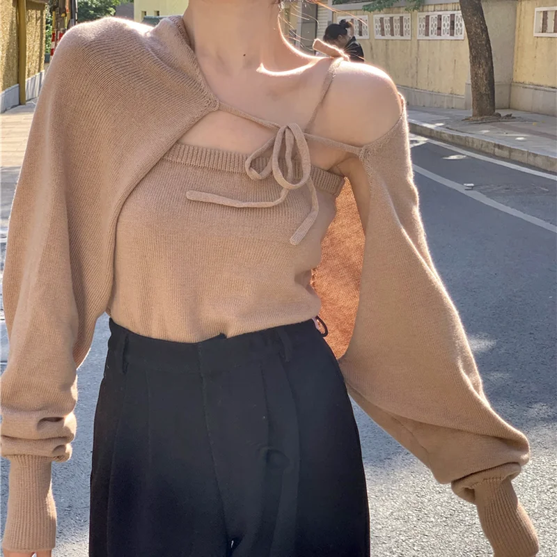 

Spring Women's New Lace Long Sleeve Shawl Jacket + Sling One Size Knitted Two-piece Women's Knitted Sweater cropped cardigan