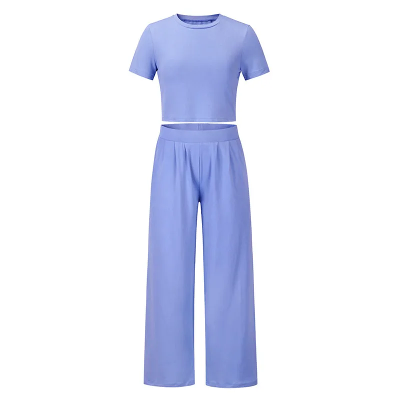2023 Spring Summer New Short Sleeve T-shirt & High Waist Trousers Two-piece Suit Fashion Casual Solid Color Sportswear Top Set