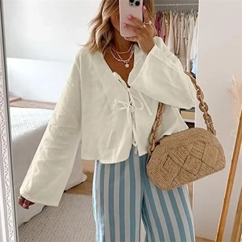 Женская однотонная повседневная рубашка с глубоким v-образным вырезом на