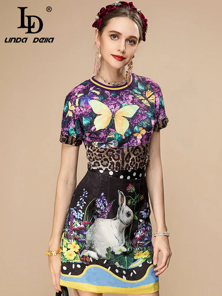 

LD LINDA DELLA, модный подиумный комплект с юбкой, Новинка лета 2023, Женская винтажная леопардовая рубашка с коротким рукавом и цветочным принтом + юбка, костюм из 2 предметов