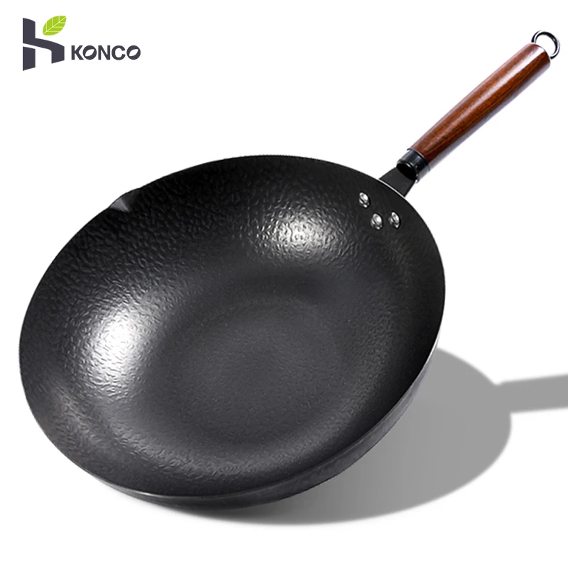 Konco-sartén antiadherente Wok de hierro hecho a mano, cocina de inducción, estufa de Gas, cubierta de madera Universal, olla de hierro, utensilios de cocina