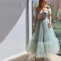 elegant green tulle applique prom dresses sweetheart corset lace up ankle length off shoulder party evening gown robes de soir%c3%a9e