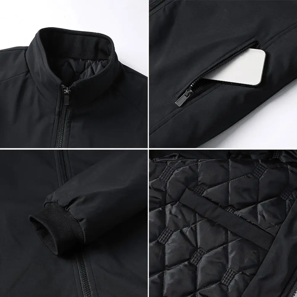 Men Jacket Cotton Padded Solid Color Keep Warm Stand Collar Loose Coat Autumn Winter Coldproof Ribbed Cuff Outwear Streetwear