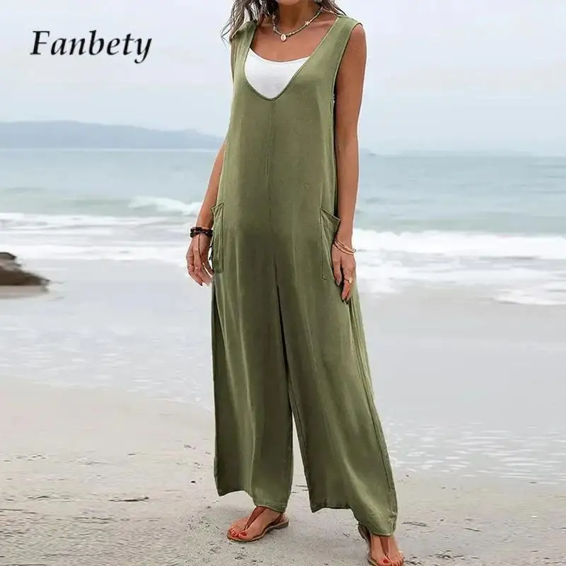 

Summer Elegant Deep V-neck Loose Jumpsuits Women Casual Wide Legger Pant Pocket Playsuit Overalls Sexy Sleeveless Solid Rompers