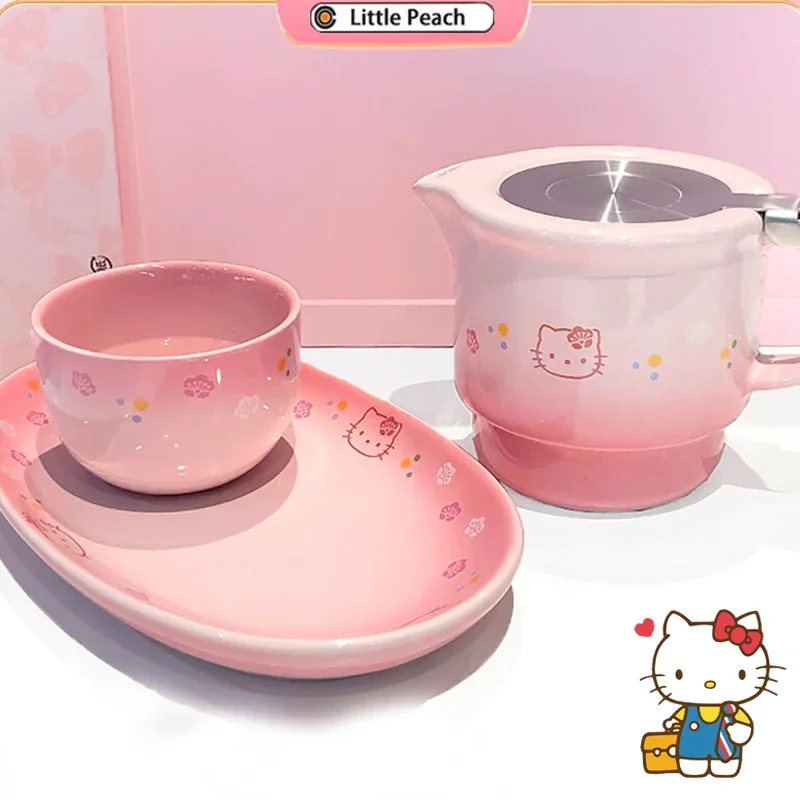 

Sanrio Kawaii Hellokitty Kettle Sakura Teapot Set Condiment Dish Pink INS Ceramic Tea Pot Dessert Plate Tableware Exquisite Gift