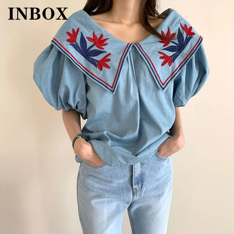 

INBOX Embroidery Blouse Woman Denim Blue Puff Sleeve Loose Shirt Ladies Korean Summer Vintage Cute Big Lapel Tops Female
