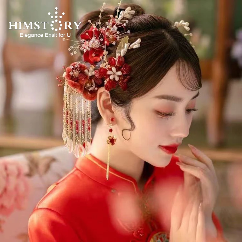 

HIMSTORY Promational Chinese Vintage Red Velvet Flower Design Handmade Classical Xiuhe Dress Hanfu Wedding Hair Accessories