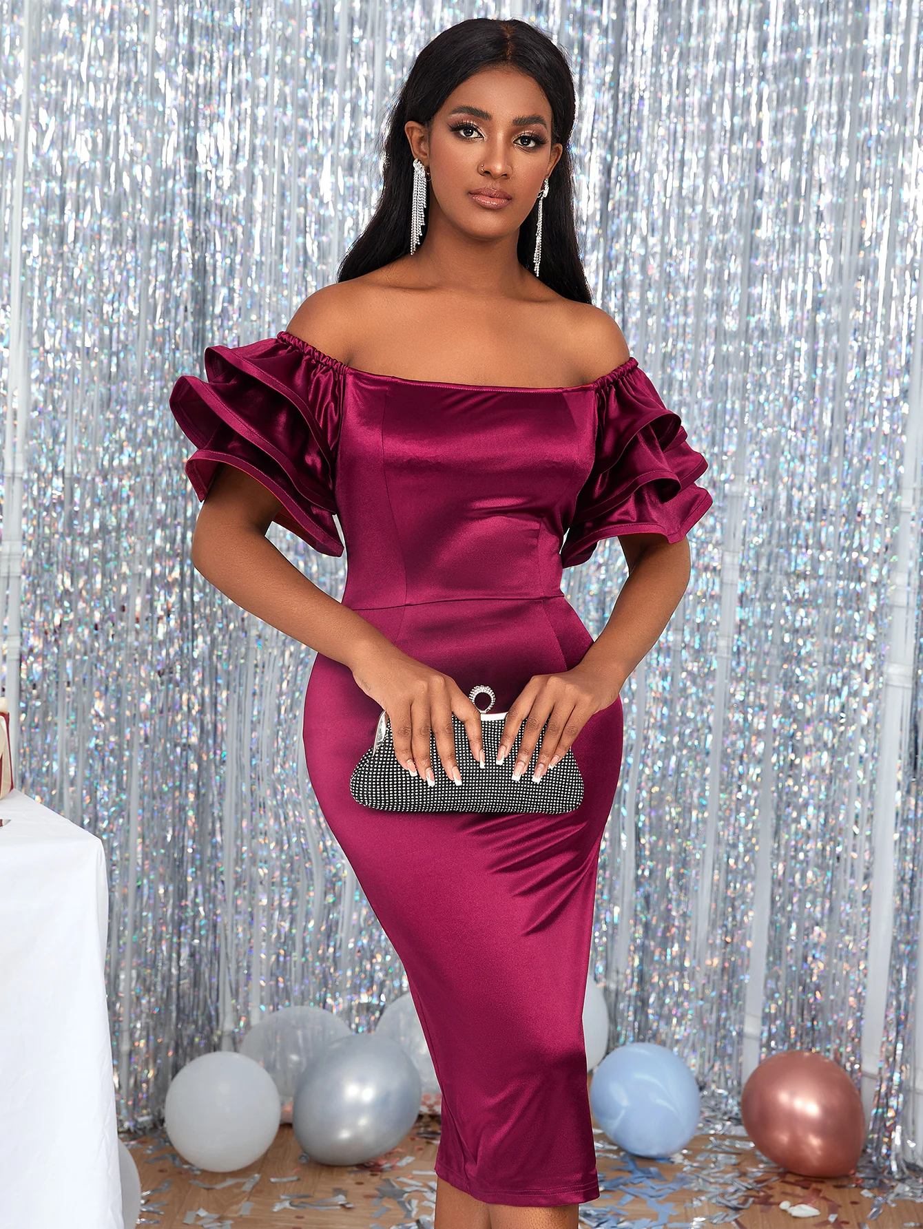 

Women Sexy Satin Party Dress Off Shoulder Ruffles Sleeves Package Hip Burgundy Dress Elegant Evening Club Cocktail Event Gowns