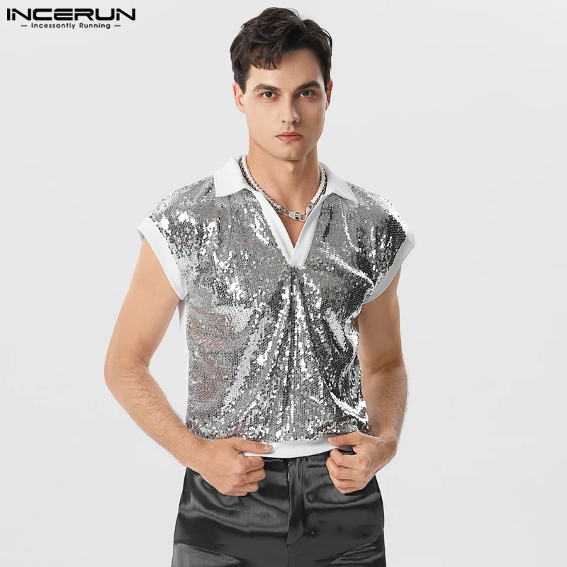 

Футболка мужская с отложным воротником, короткий рукав, блестящая уличная одежда в стиле пэчворк, модель Лето 2023