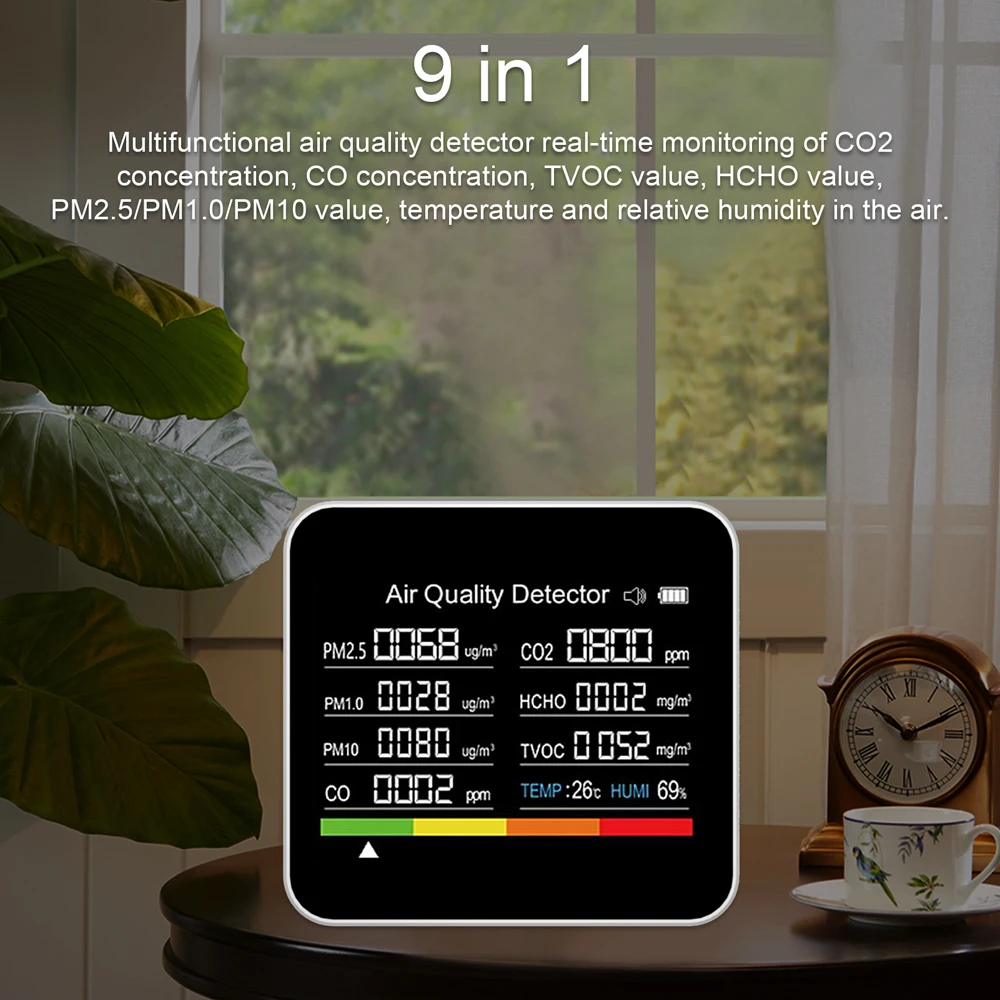 

9 in 1 Air Quality Monitor CO2 Meter Carbon Dioxide Detector CO2 CO TVOC HCHO Temperature Humidity Detection for Home Office Car