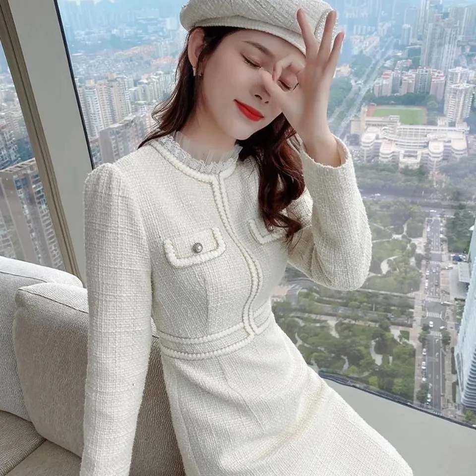 

Dress Womens 2022 New Spring Autumn Temperament Fashion Slim Dresses Women Casual Mesh Splicing O Neck Long Package Hip Skirt