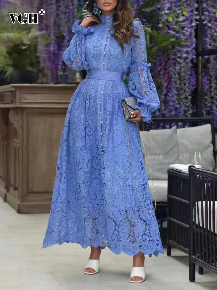 

VGH Elegant Cut Out Solid Dress For Women Round Neck Lantern Long Sleeve High Waist Bowknot Lace Up Dresses Female Clothing 2022