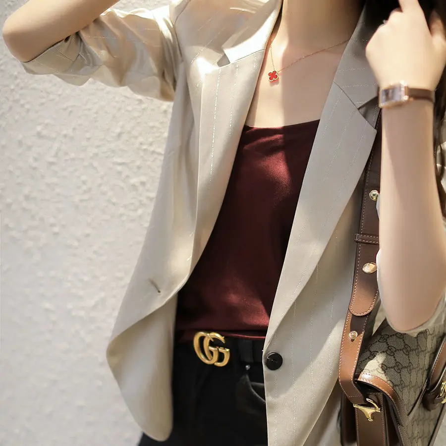 Korean Elegant Satin Za Women Blazer Office Business Office Ladies Blazers Loose Tops Woman Bright Silk Striped Suit Jackets New