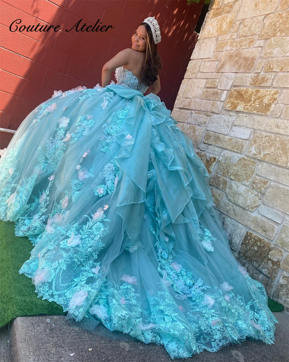 

Sweet Pink Flowers Ruffels Quince Dress Ball Gown Wedding Dresses For Woman Sweetheart 15 dress quinceanera 2023 Lace Applique