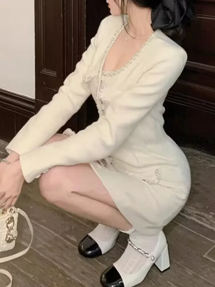 Подиумный дизайн женское твидовое шерстяное платье с круглым вырезом и длинным