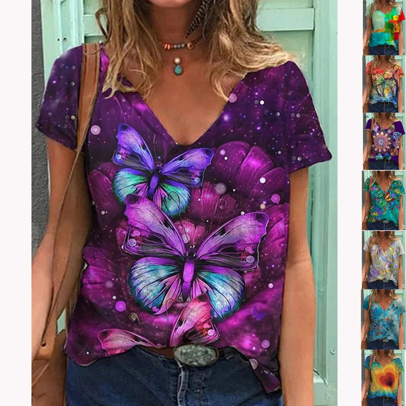 

Butterfly Printed Womens T Shirt Sexy V-neck Short Sleeve 3D T-shirt Summer Woman Harajuku Casual Tops Ladies Graffiti TShirt