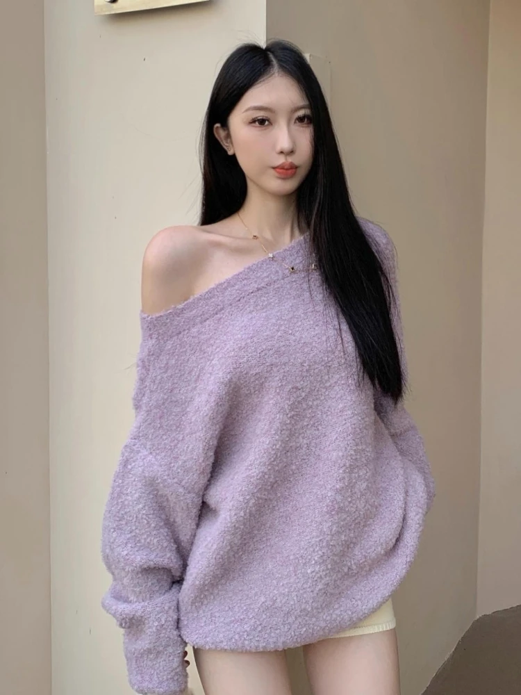 Французский сексуальный косой воротник с открытыми плечами и длинными рукавами