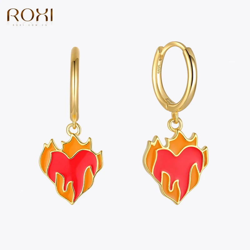 ROXI Summer Hot Trend Enamel Animal/Flame/Herat  Drop Earrings for Women S925 Silver Charms Jewelry DIY Beach Circle Earrings