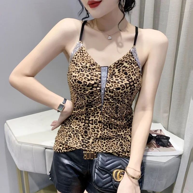 

#5345 Leopard Black Crop Top Femme V-neck Diamonds Sexy Short Top Cropped Backless Tight Mesh Crop Tops Women Slim Summer
