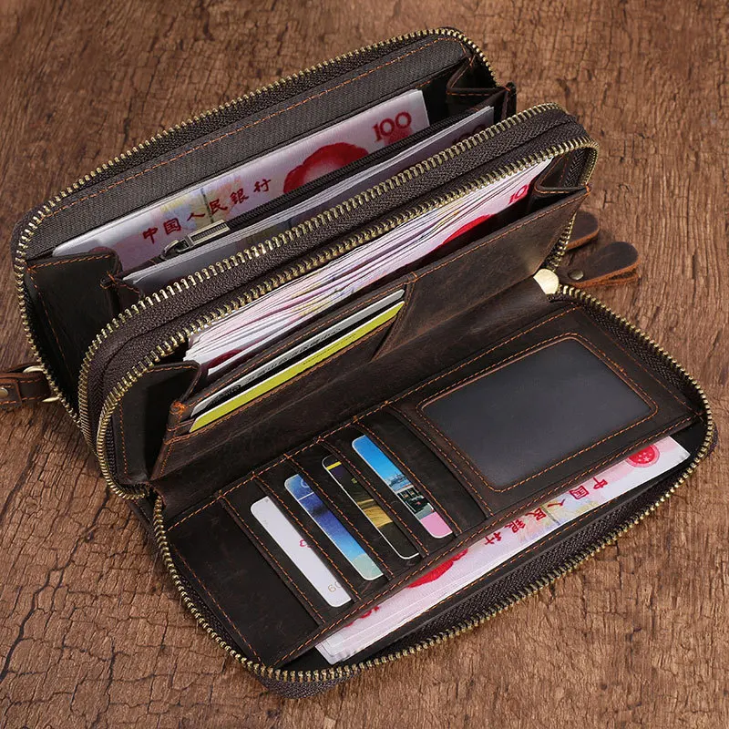 Crazy Horse Leather Long Purse Multifunctional Wallets for Men Card Holder Bag Casual Male Wallet with Phone Pocket Carteras