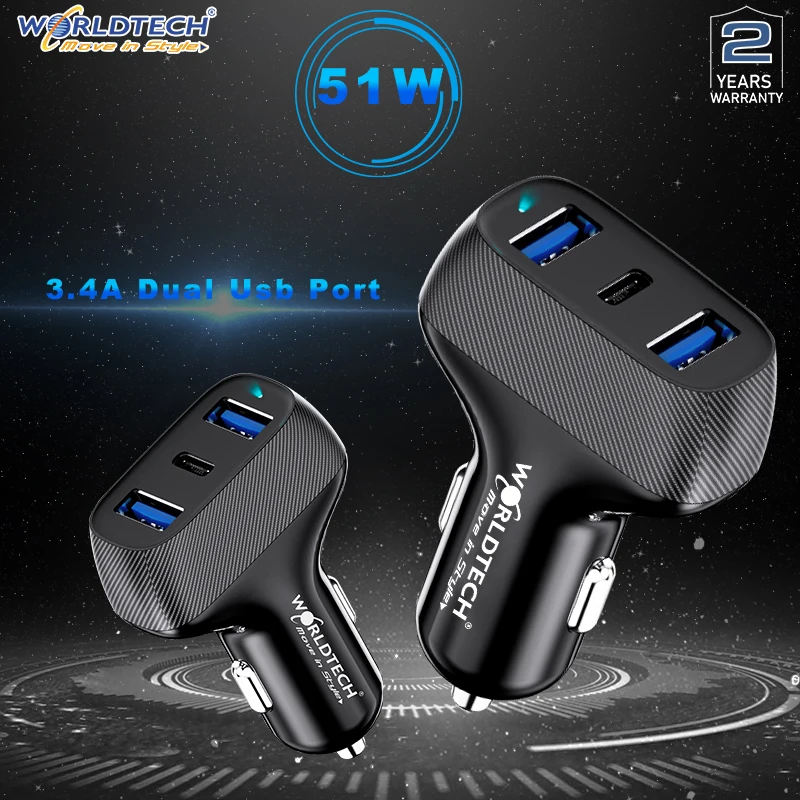 

Worldtech 51W Car Charger PD QC 3.0 Type C Fast Charging Auto Charger Dual 3.4A Usb Port Quick Charger for Mobile Phone