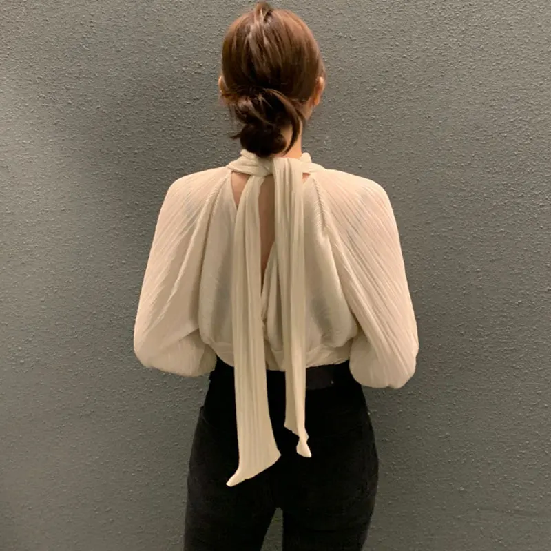 

Korean Fashion OL Elegant Office Blouse Woman Stand Collar Long Sleeve Blouses Women Back Lace-up Hollow Top Female Dropshipping