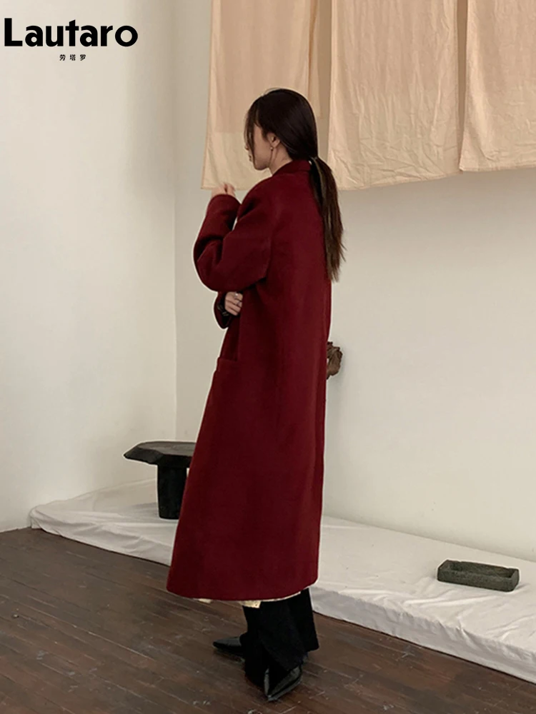 Lautaro осень-зима длинный утолщенный теплый винно-красный шерстяной плащ для