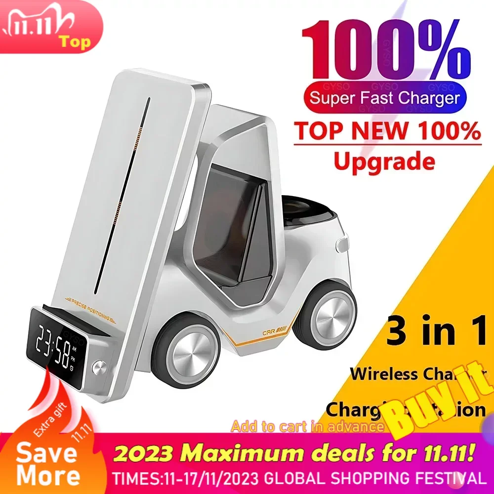 

Беспроводное зарядное устройство для iPhone 15 14 13 ночник 5 в 1 с будильником Беспроводная зарядная станция для Apple Watch Airpods Pro