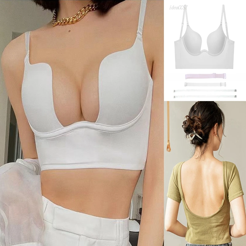 

Deep U Neck Invisible Bras Women Sexy Transparent Strap Push Up Tops Backless Strapless Lingerie Dresses Fox Gathered Underwear