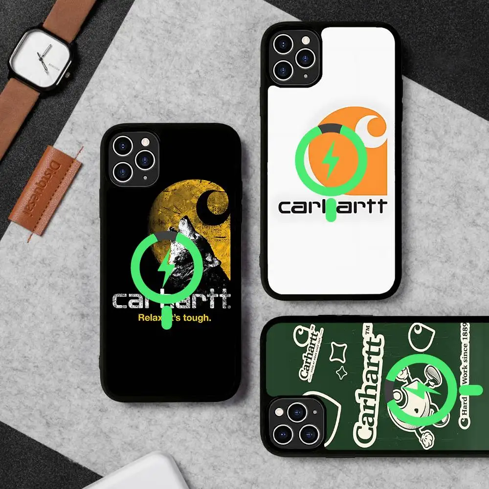 Фото Магнитный матовый чехол C-Carharttes LOGO для iPhone 16, 17, 15, 14, 13, 12, 11 с поддержкой беспроводной зарядки MagSafe №1