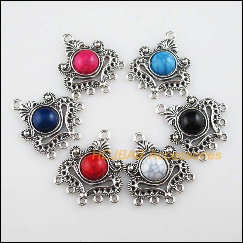 Модные 6 шт. тибетские Посеребренные Круглые Смешанные акриловые шармы соединители для цветов 26x31 мм