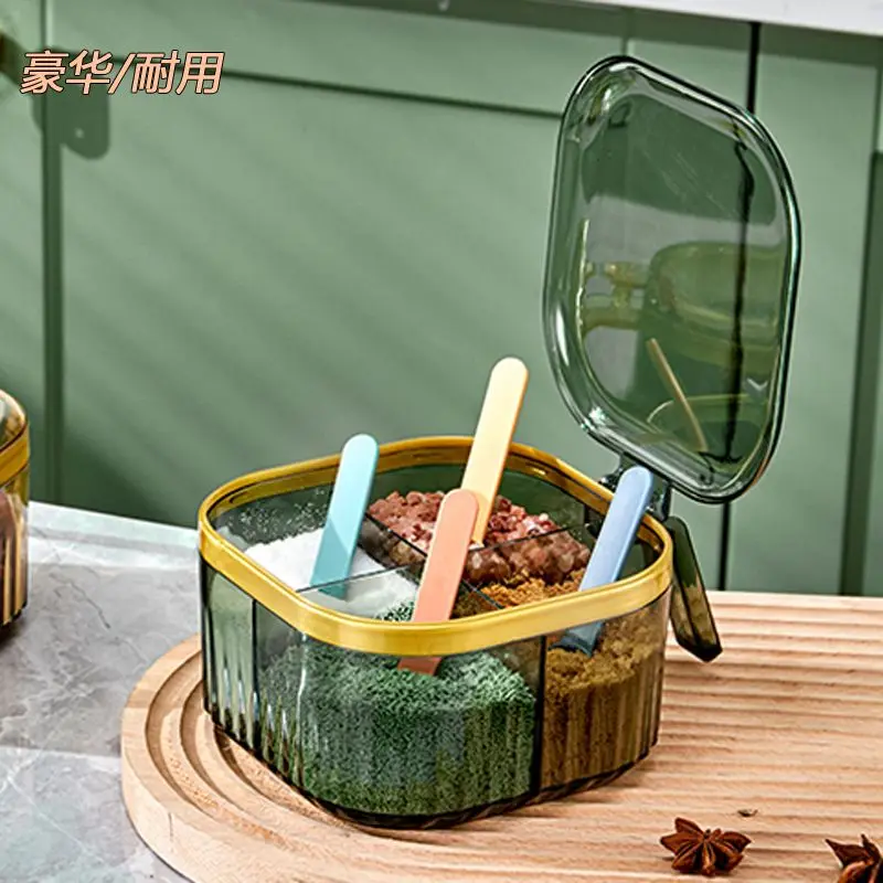 

Transparent Container 4 Grids Pepper Seasoning Box Spice Herb Powder Bottle Sugar Bowl Condiments With Handle Kitchen Accessorie