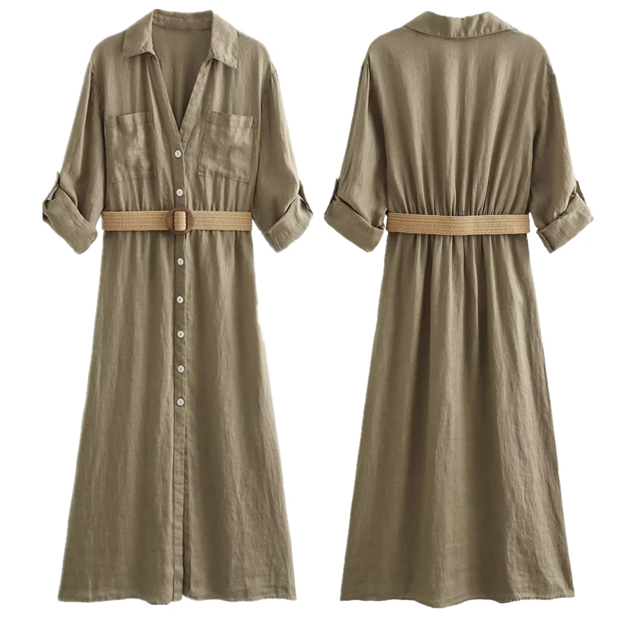 

Elmsk 2023 Autumn French Fashion Office Ladies Cotton Linen Dress Retro Casual Midi Shirt Dress with Belt Women