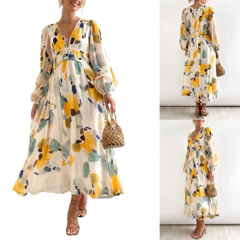 

Womens Casual Long Sleeve V-Neck Fall Dress Loose Fit Floral Flowy Maxi Dresses Cocktail Dress Lady Birthday Outfits
