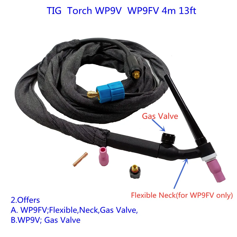 

Газовый вольфрамовый дуговой сварочный фонарь WP9FV, горелка для аргона, с воздушным охлаждением, с гибким шейным газовым клапаном, сварофонарь для TIG сварки, 4 м, 13 футов