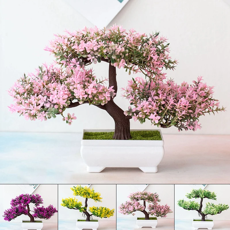 

Artificial Plants Pine Bonsai Small Tree Pot Plants Simulation Lotus Pine Fake Flower Bonsai Set Potted Green Plants Home/Office