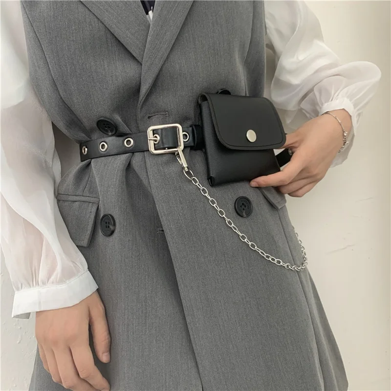 Fashionable Lady Belt Full Hole Leather Belt 3 Types of Punk Style Concave Chain Belt Bag Belt