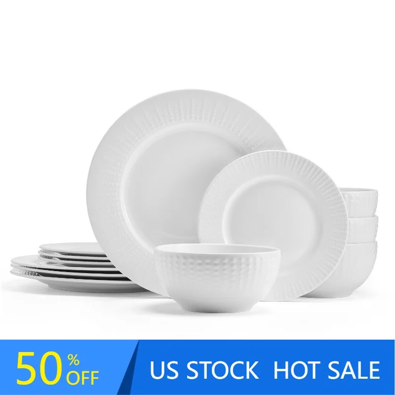 

Cassie 12-Piece Dinnerware Set Embossed Porcelain in White
