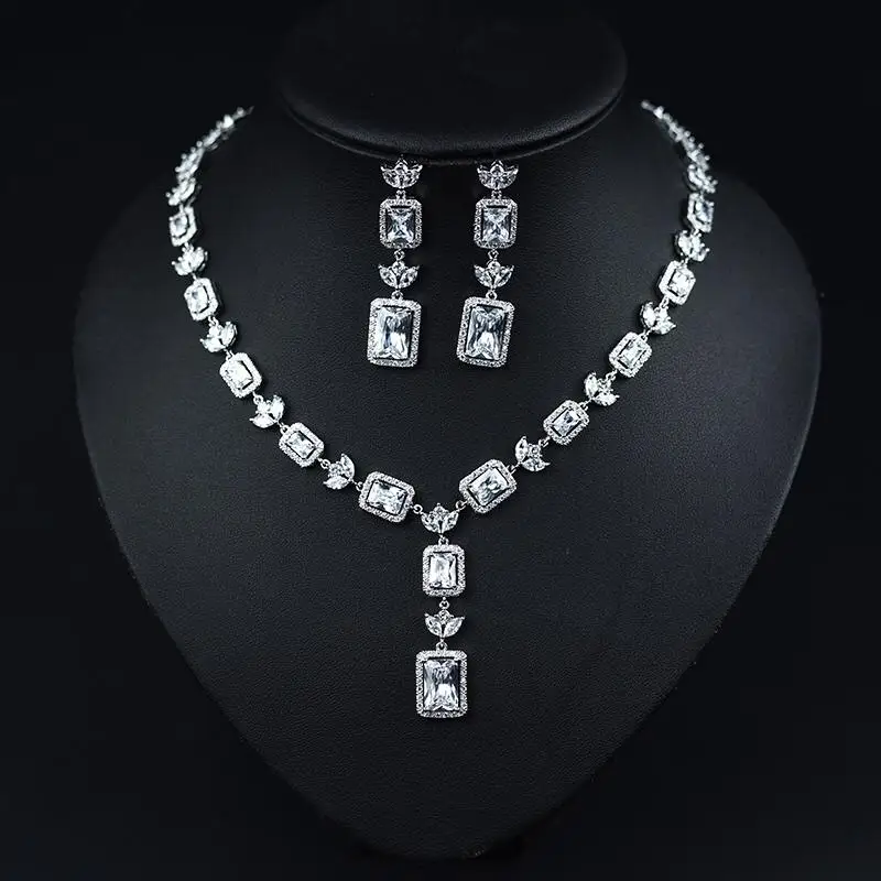 

Fashion New Arrival Water Drop Clear Cubic Zirconia Nigerian Jewelry Sets Women Bridal Square Shape Necklace Earring Set N-1047