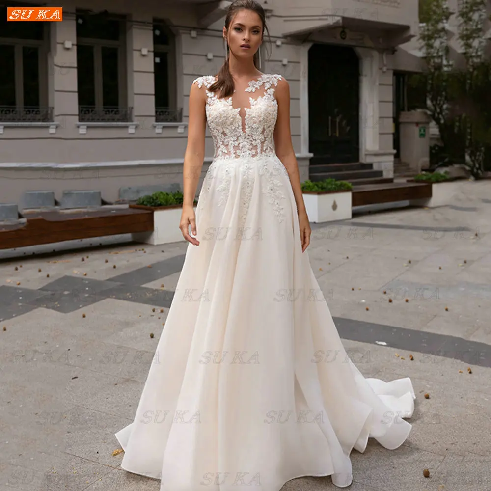 

Ivory/White O Neck Wedding Dress Robe De Mariée A Line Tulle Appliques Illusion Bridal Gowns Custom Made Vestido De Casamento