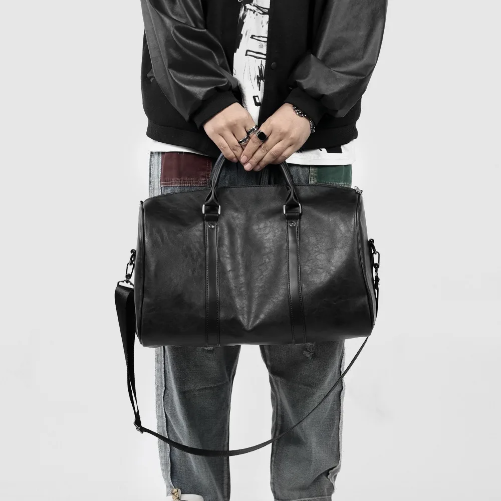 

PU Leather Weekend Bag For Men Large Capacity Travel Duffle Portable Business Trip Luggage Bags Soft Black Fitness Crossbody Bag