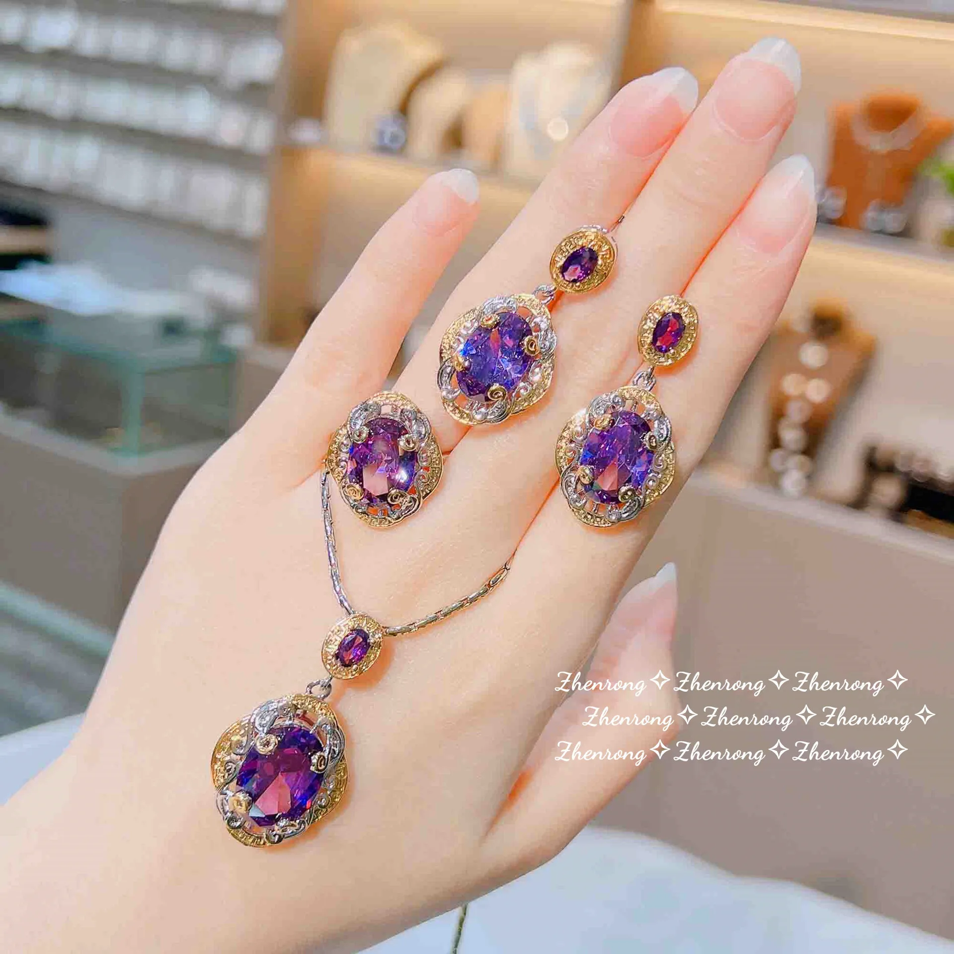 

Italian Antique Gold Toned Craft Purple Diamond Set Two Tone Gold Amethyst Pendant Opening Ring Colorful Treasure Earrings