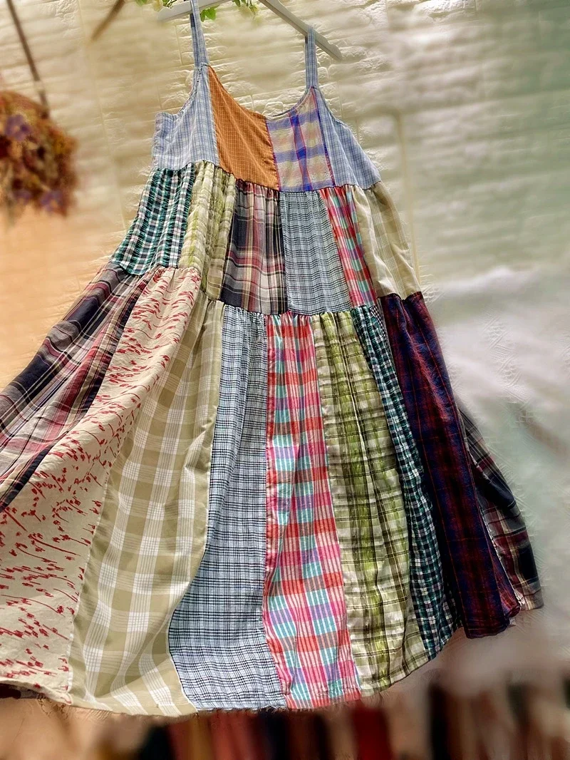 Летнее хлопковое платье миди на тонких бретельках в клетку африканском стиле Wura