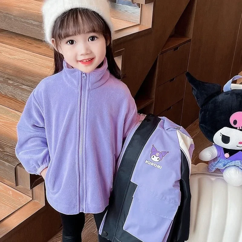Пальто Kawaii Sanrio Kuromi для девочек осенне-зимняя бархатная ветрозащитная детская