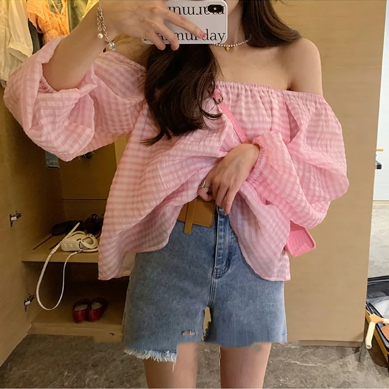 

2023 Brand New Slash Neck Bubble Sleeve Cute Plaid Summer Blouse Oversize Loose Women Shirt Top Chemise Blusas Mujer