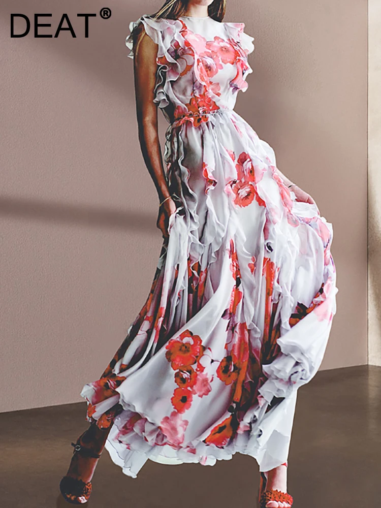 

[DEAT] Women's Evening Dress O-neck Sleeveless Pleated Print Waist Tierred Zipper Fashion Dresses Summer 2023 Party New 13DB1489