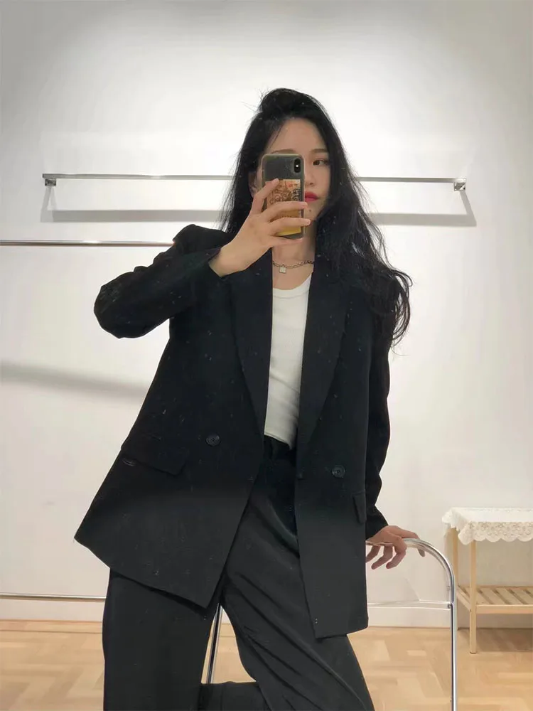 

Early autumn new women's fashion casual all-match black lapel long-sleeved shoulder pads loose double-breasted suit jacket