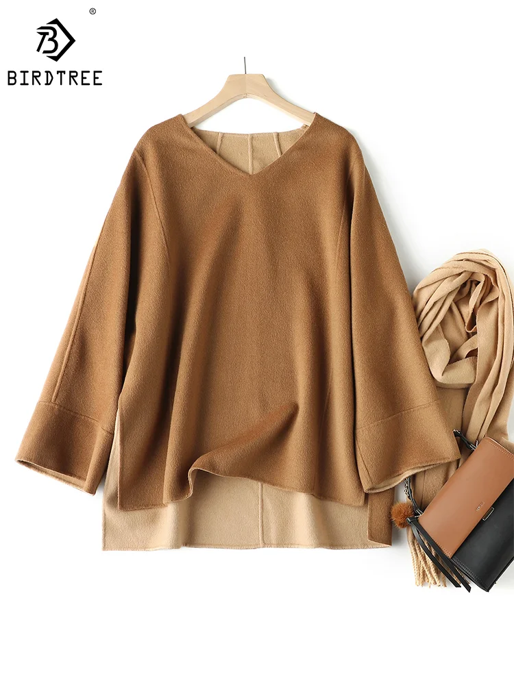 

Birdtree 10% Silk 90% Wool Elegant Coats Women's Solid V-Neck Loose Simple Retro Overcoat 2023 Autumn Winter New Tops C30311QM