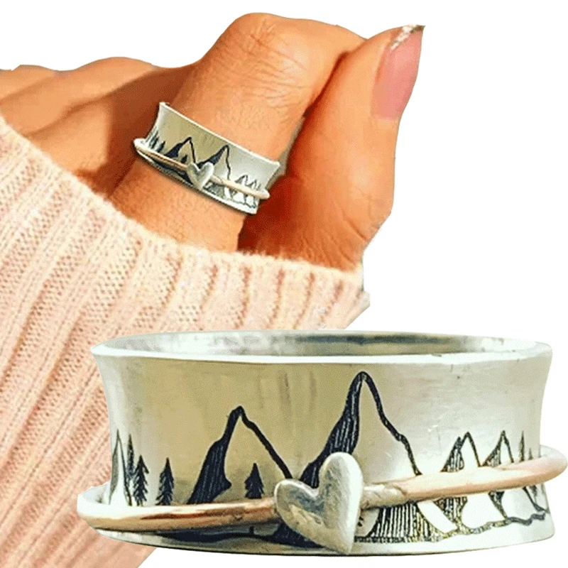 Vintage Mountain Peak Rotating Love Heart Spinner Fidget Rings for Women Painting Dainty Meditation Wide Anti Anxiety Ring