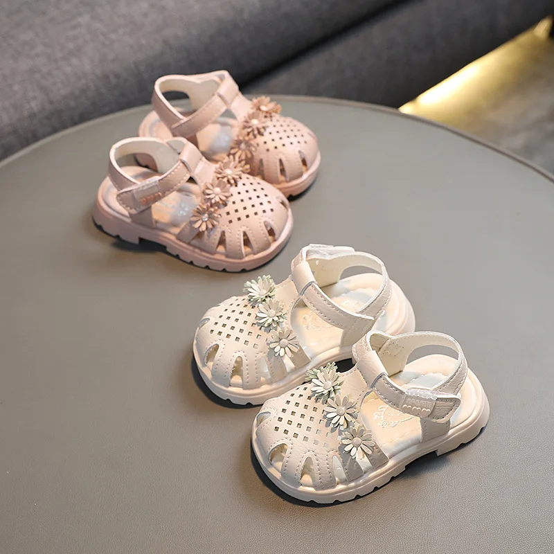 3D Flower Baby Girls Sandals Soft Leather Shoes 2023 Summer Children Beach Sandals Anti-slip Toddler Shoes First Walkers Pink